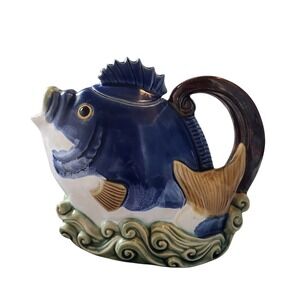 Wakiang Nouveau Majolica Fish Teapot CBK LTD 1999 Blue Collectible Decor Vintage